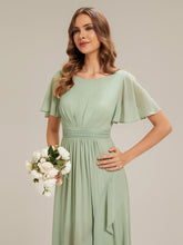 Load image into Gallery viewer, Color=Mint Green | Commercial Wholesale Short Sleeve Ruffled Round Neck High-Low Asymmetrical Bridesmaid Dresses 6