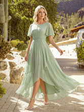 Load image into Gallery viewer, Color=Mint Green | Commercial Wholesale Short Sleeve Ruffled Round Neck High-Low Asymmetrical Bridesmaid Dresses 7