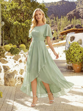 Load image into Gallery viewer, Color=Mint Green | Commercial Wholesale Short Sleeve Ruffled Round Neck High-Low Asymmetrical Bridesmaid Dresses 8