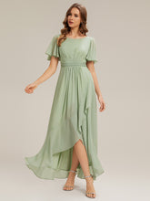 Load image into Gallery viewer, Color=Mint Green | Commercial Wholesale Short Sleeve Ruffled Round Neck High-Low Asymmetrical Bridesmaid Dresses 1