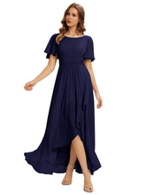 Load image into Gallery viewer, Color=Navy Blue | Commercial Wholesale Short Sleeve Ruffled Round Neck High-Low Asymmetrical Bridesmaid Dresses 2