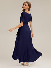 Load image into Gallery viewer, Color=Navy Blue | Commercial Wholesale Short Sleeve Ruffled Round Neck High-Low Asymmetrical Bridesmaid Dresses 3