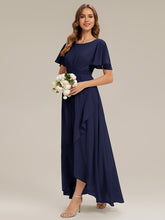 Load image into Gallery viewer, Color=Navy Blue | Commercial Wholesale Short Sleeve Ruffled Round Neck High-Low Asymmetrical Bridesmaid Dresses 4
