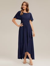 Load image into Gallery viewer, Color=Navy Blue | Commercial Wholesale Short Sleeve Ruffled Round Neck High-Low Asymmetrical Bridesmaid Dresses 5