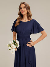 Load image into Gallery viewer, Color=Navy Blue | Commercial Wholesale Short Sleeve Ruffled Round Neck High-Low Asymmetrical Bridesmaid Dresses 6