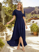 Load image into Gallery viewer, Color=Navy Blue | Commercial Wholesale Short Sleeve Ruffled Round Neck High-Low Asymmetrical Bridesmaid Dresses 7