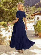 Load image into Gallery viewer, Color=Navy Blue | Commercial Wholesale Short Sleeve Ruffled Round Neck High-Low Asymmetrical Bridesmaid Dresses 8