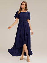 Load image into Gallery viewer, Color=Navy Blue | Commercial Wholesale Short Sleeve Ruffled Round Neck High-Low Asymmetrical Bridesmaid Dresses 1