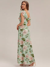 Load image into Gallery viewer, Color=Light Green Floral | Volume Discounts Short Sleeve Ruffle Asymmetrical A-Line Floor Length Bridesmaid Dresses 2
