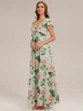 Load image into Gallery viewer, Color=Light Green Floral | Volume Discounts Short Sleeve Ruffle Asymmetrical A-Line Floor Length Bridesmaid Dresses 3