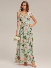 Load image into Gallery viewer, Color=Light Green Floral | Volume Discounts Short Sleeve Ruffle Asymmetrical A-Line Floor Length Bridesmaid Dresses 4