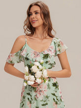 Load image into Gallery viewer, Color=Light Green Floral | Volume Discounts Short Sleeve Ruffle Asymmetrical A-Line Floor Length Bridesmaid Dresses 5