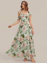Load image into Gallery viewer, Color=Light Green Floral | Volume Discounts Short Sleeve Ruffle Asymmetrical A-Line Floor Length Bridesmaid Dresses 1