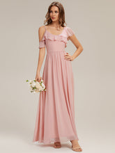 Load image into Gallery viewer, Color=Pink | Volume Discounts Short Sleeve Ruffle Asymmetrical A-Line Floor Length Bridesmaid Dresses-Pink 15