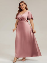 Load image into Gallery viewer, Color=Purple Orchid | Factory Design Short Sleeve Ruffle V-Neck A-Line Maxi Dress with Back Zipper Bridesmaid Dresses-Purple Orchid 9