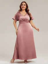 Load image into Gallery viewer, Color=Purple Orchid | Factory Design Short Sleeve Ruffle V-Neck A-Line Maxi Dress with Back Zipper Bridesmaid Dresses-Purple Orchid 6