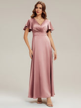 Load image into Gallery viewer, Color=Purple Orchid | Factory Design Short Sleeve Ruffle V-Neck A-Line Maxi Dress with Back Zipper Bridesmaid Dresses-Purple Orchid 4