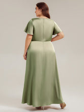 Load image into Gallery viewer, Color=Sage Green | Factory Design Short Sleeve Ruffle V-Neck A-Line Maxi Dress with Back Zipper Bridesmaid Dresses-Sage Green 17