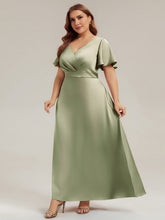 Load image into Gallery viewer, Color=Sage Green | Factory Design Short Sleeve Ruffle V-Neck A-Line Maxi Dress with Back Zipper Bridesmaid Dresses-Sage Green 19