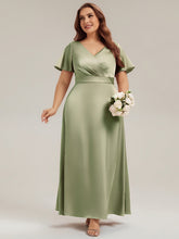 Load image into Gallery viewer, Color=Sage Green | Factory Design Short Sleeve Ruffle V-Neck A-Line Maxi Dress with Back Zipper Bridesmaid Dresses-Sage Green 20