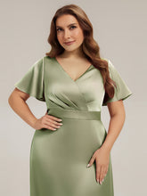 Load image into Gallery viewer, Color=Sage Green | Factory Design Short Sleeve Ruffle V-Neck A-Line Maxi Dress with Back Zipper Bridesmaid Dresses-Sage Green 18