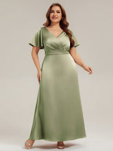 Load image into Gallery viewer, Color=Sage Green | Factory Design Short Sleeve Ruffle V-Neck A-Line Maxi Dress with Back Zipper Bridesmaid Dresses-Sage Green 16