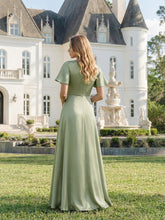 Load image into Gallery viewer, Color=Sage Green | Factory Design Short Sleeve Ruffle V-Neck A-Line Maxi Dress with Back Zipper Bridesmaid Dresses 10