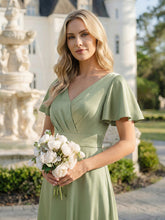 Load image into Gallery viewer, Color=Sage Green | Factory Design Short Sleeve Ruffle V-Neck A-Line Maxi Dress with Back Zipper Bridesmaid Dresses 11
