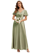 Load image into Gallery viewer, Color=Sage Green | Factory Design Short Sleeve Ruffle V-Neck A-Line Maxi Dress with Back Zipper Bridesmaid Dresses 2