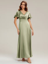 Load image into Gallery viewer, Color=Sage Green | Factory Design Short Sleeve Ruffle V-Neck A-Line Maxi Dress with Back Zipper Bridesmaid Dresses-Sage Green 14