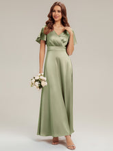 Load image into Gallery viewer, Color=Sage Green | Factory Design Short Sleeve Ruffle V-Neck A-Line Maxi Dress with Back Zipper Bridesmaid Dresses-Sage Green 15