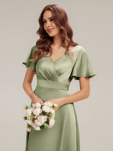 Load image into Gallery viewer, Color=Sage Green | Factory Design Short Sleeve Ruffle V-Neck A-Line Maxi Dress with Back Zipper Bridesmaid Dresses-Sage Green 13