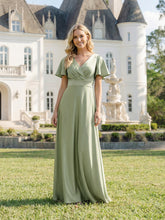 Load image into Gallery viewer, Color=Sage Green | Factory Design Short Sleeve Ruffle V-Neck A-Line Maxi Dress with Back Zipper Bridesmaid Dresses 7