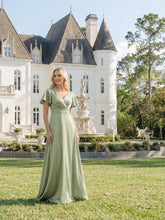 Load image into Gallery viewer, Color=Sage Green | Factory Design Short Sleeve Ruffle V-Neck A-Line Maxi Dress with Back Zipper Bridesmaid Dresses 9