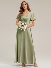 Load image into Gallery viewer, Color=Sage Green | Factory Design Short Sleeve Ruffle V-Neck A-Line Maxi Dress with Back Zipper Bridesmaid Dresses-Sage Green 11