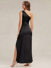 Load image into Gallery viewer, Color=Black | Bulk Order Strapless One Shoulder Sheath Non-Stretch Floor Length Bridesmaid Dresses-Black 2