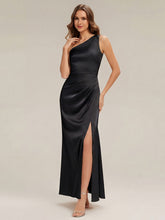 Load image into Gallery viewer, Color=Black | Bulk Order Strapless One Shoulder Sheath Non-Stretch Floor Length Bridesmaid Dresses-Black 4