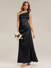 Load image into Gallery viewer, Color=Black | Bulk Order Strapless One Shoulder Sheath Non-Stretch Floor Length Bridesmaid Dresses-Black 5
