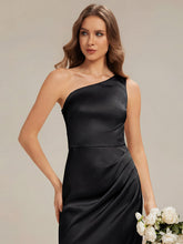 Load image into Gallery viewer, Color=Black | Bulk Order Strapless One Shoulder Sheath Non-Stretch Floor Length Bridesmaid Dresses-Black 3