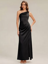 Load image into Gallery viewer, Color=Black | Bulk Order Strapless One Shoulder Sheath Non-Stretch Floor Length Bridesmaid Dresses-Black 1