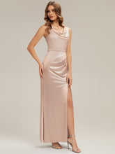 Load image into Gallery viewer, Color=Champagne | One Stop Shop Sleeveless High Stretch Cowl Neck Fishtail Floor Length Bridesmaid Dresses-Champagne 5