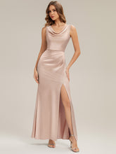 Load image into Gallery viewer, Color=Champagne | One Stop Shop Sleeveless High Stretch Cowl Neck Fishtail Floor Length Bridesmaid Dresses-Champagne 2