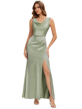 Load image into Gallery viewer, Color=Sage Green | One Stop Shop Sleeveless High Stretch Cowl Neck Fishtail Floor Length Bridesmaid Dresses 2