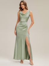 Load image into Gallery viewer, Color=Sage Green | One Stop Shop Sleeveless High Stretch Cowl Neck Fishtail Floor Length Bridesmaid Dresses-Sage Green 12