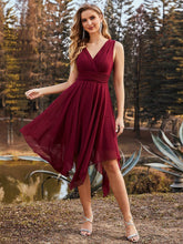 Load image into Gallery viewer, Color=Burgundy | Wholesale Knee Length Chiffon Bridesmaid Dress With Irregular Hem-Burgundy 4