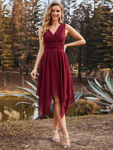 Load image into Gallery viewer, Color=Burgundy | Wholesale Knee Length Chiffon Bridesmaid Dress With Irregular Hem-Burgundy 1