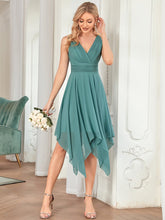 Load image into Gallery viewer, Color=Dusty blue | Wholesale Knee Length Chiffon Bridesmaid Dress With Irregular Hem-Dusty blue 4