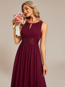 Color=Burgundy | Factory Design Sleeveless Ruched A-Line Midi Length Round Neck Bridesmaid Dresses-Burgundy 3