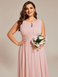 Color=Pink | Factory Design Sleeveless Ruched A-Line Midi Length Round Neck Bridesmaid Dresses-Pink 16