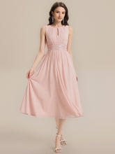 Load image into Gallery viewer, Color=Pink | Factory Design Sleeveless Ruched A-Line Midi Length Round Neck Bridesmaid Dresses-Pink 14